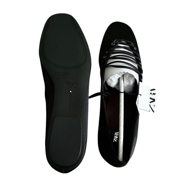 ZARA Satin Effect Ballet Flats Black Size 8 Crisscross Lace-Up Chic Trendy - Picture 7 of 9